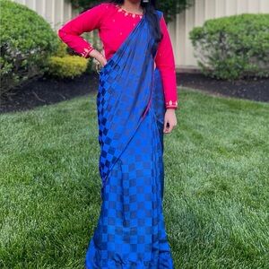 Vibrant Blue Checkered Saree